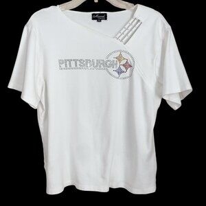 Pittsburg Steelers Sparkle Logo Knit Top Womens XL White Faux Jewel Detail Fan